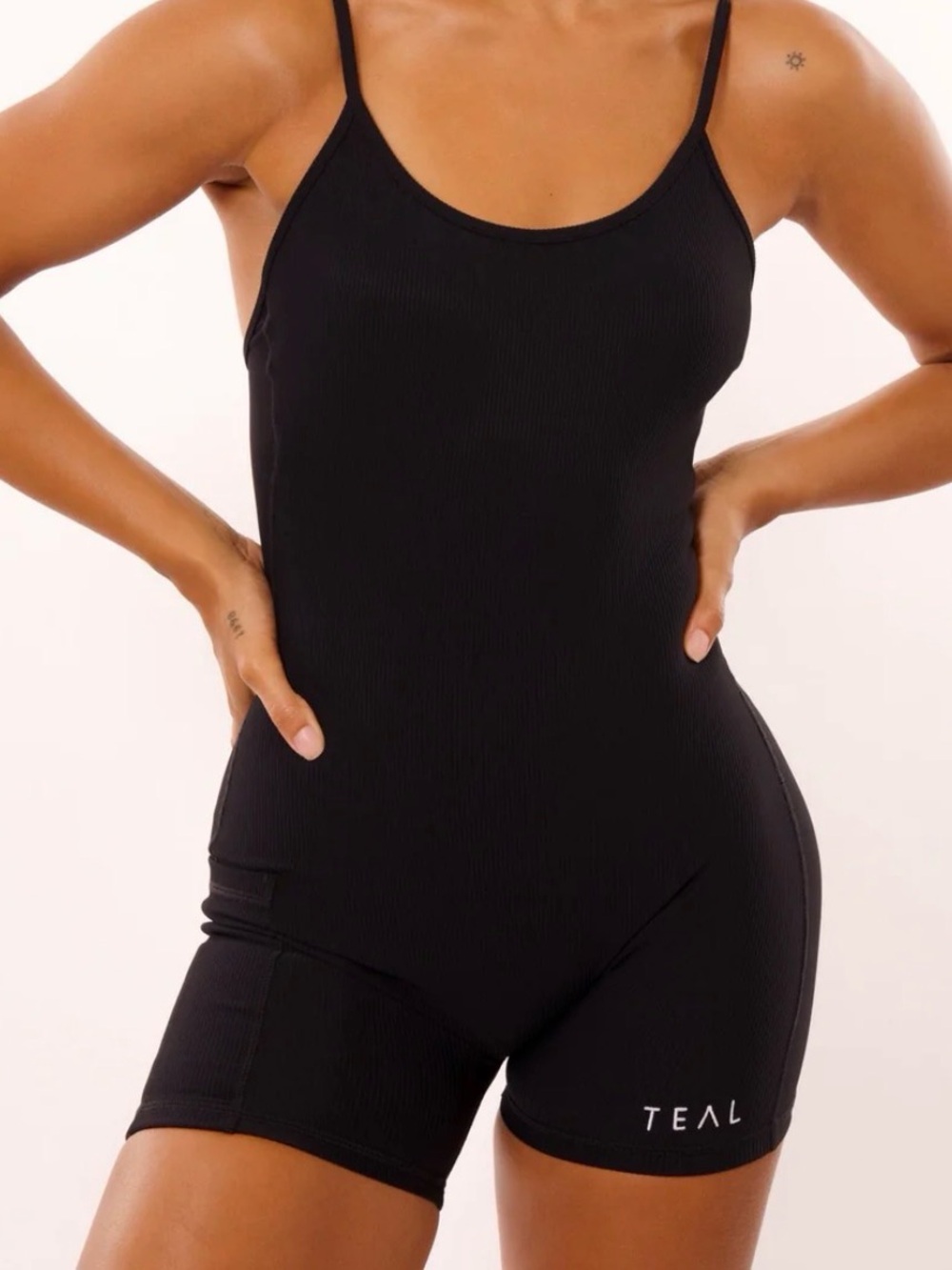 TEAL Black Ribbed Tank Romper Jumpsuit